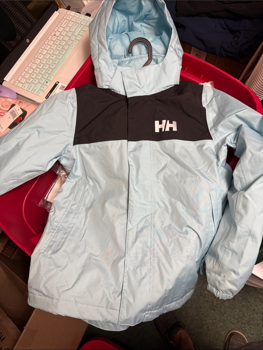 Helly Hansen Light Blue and Black Kids Hooded Puffer Jacket